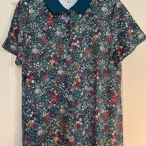 Lands' End Women’s SupimaCotton Polo Teal Collar Floral Blouse Large